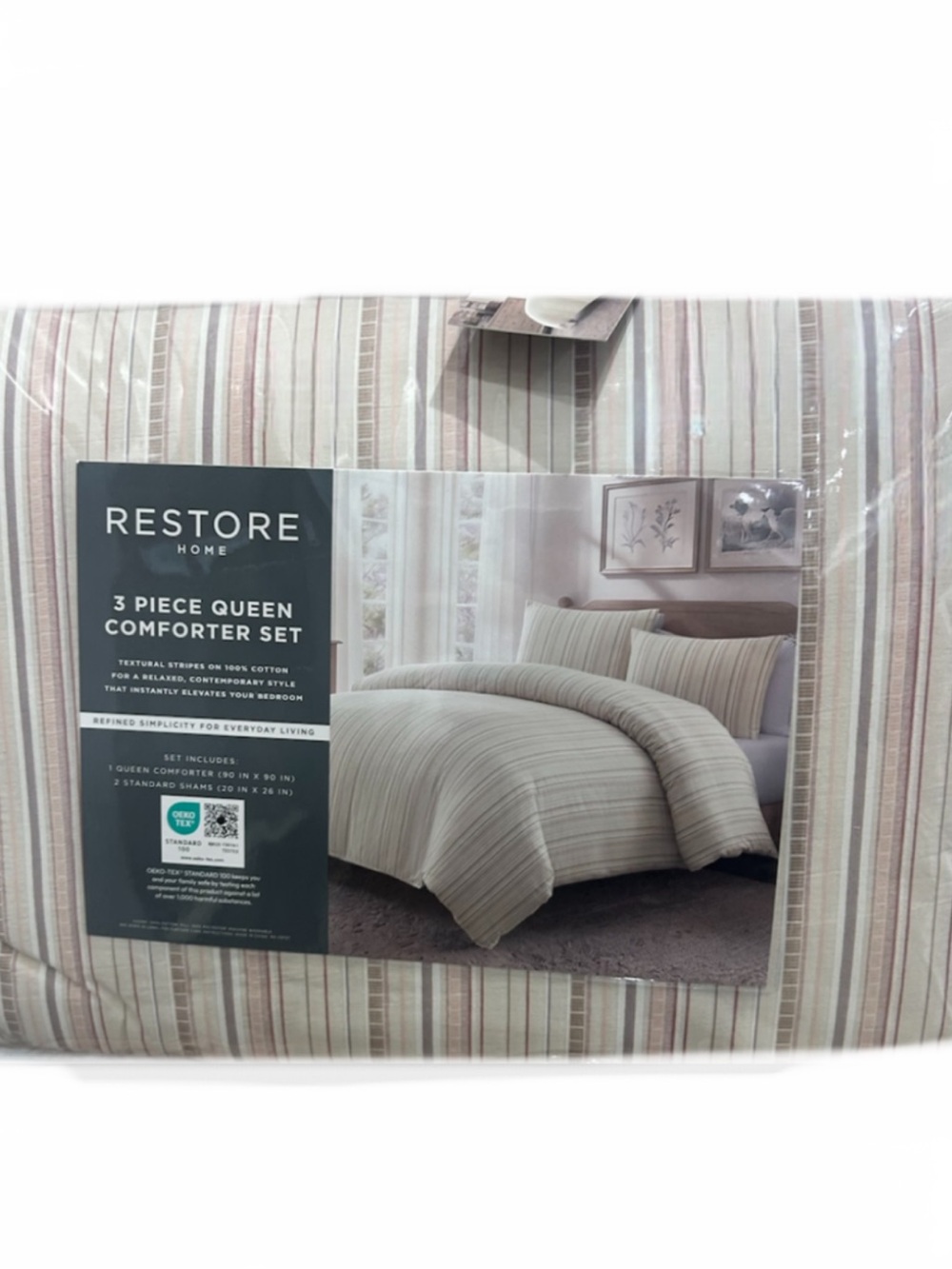 Restore Home Striped Tan and MulticolorQueen Comforter Set 90”x90”